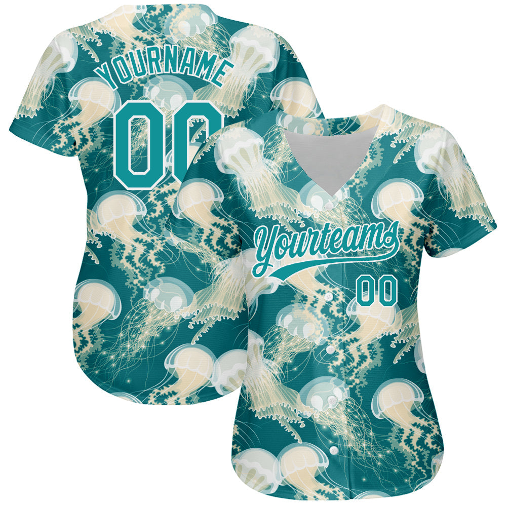 Custom Teal White 3D Pattern Design Jellyfish Authentic Baseball Jersey view 2