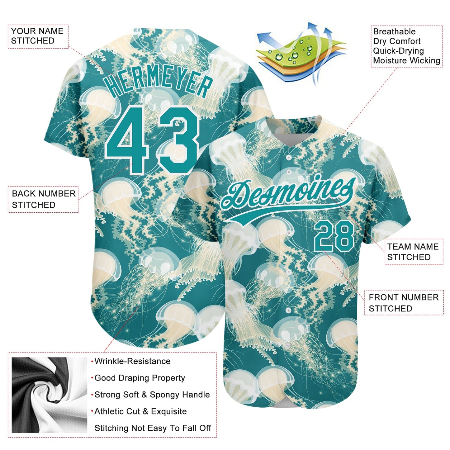 Custom Teal White 3D Pattern Design Jellyfish Authentic Baseball Jersey view 3