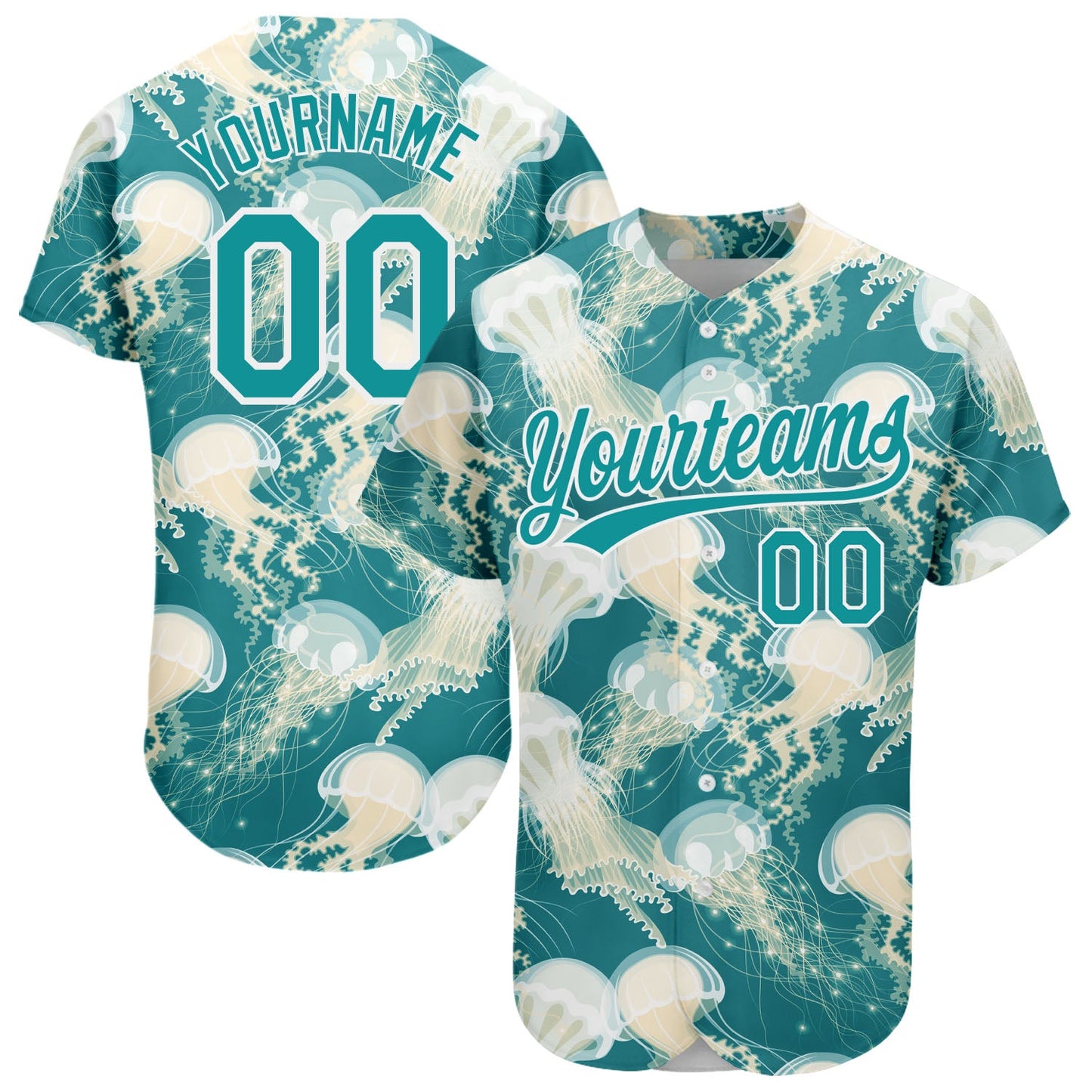 Custom Teal White 3D Pattern Design Jellyfish Authentic Baseball Jersey - Main View