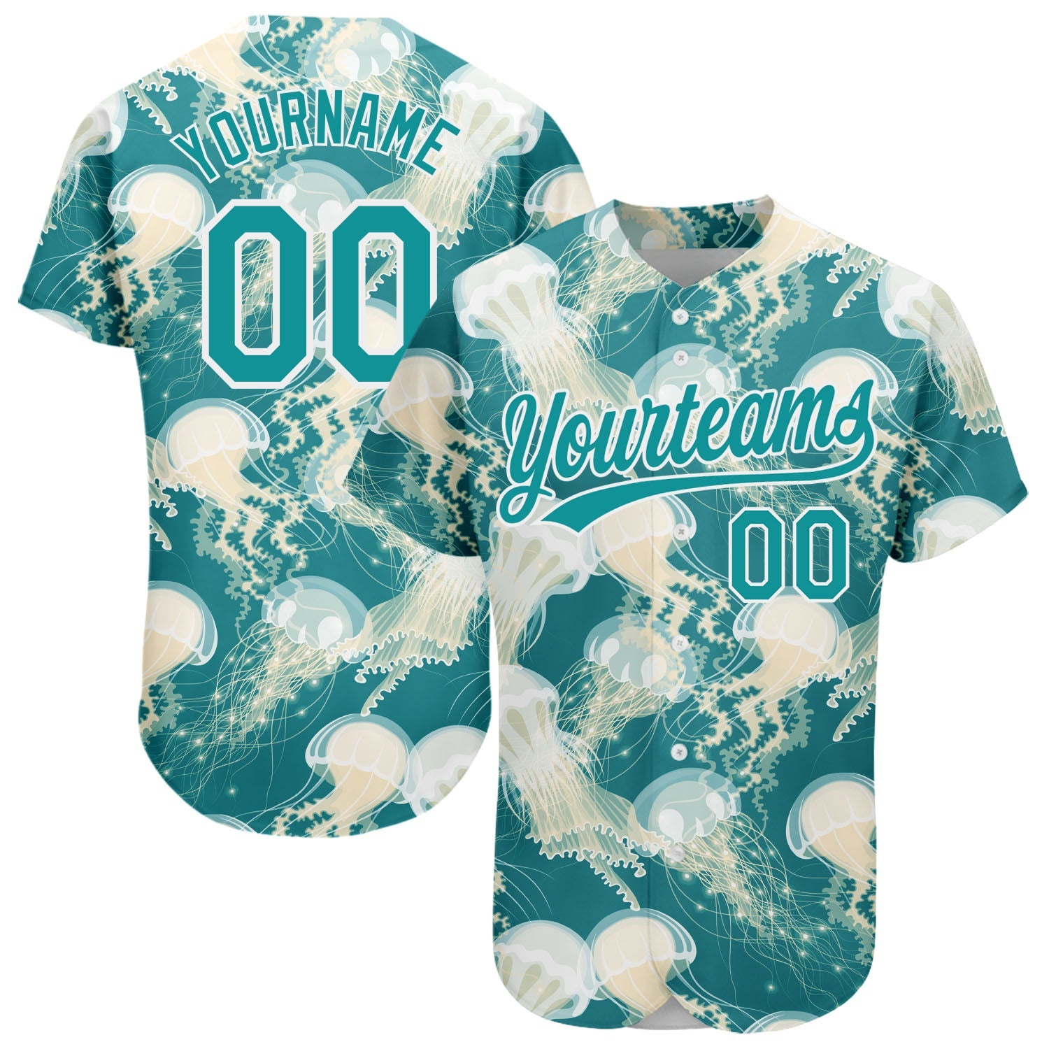 Custom Teal White 3D Pattern Design Jellyfish Authentic Baseball Jersey - Main View