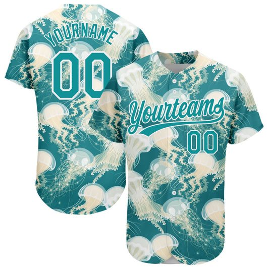 Custom Teal White 3D Pattern Design Jellyfish Authentic Baseball Jersey - Main View