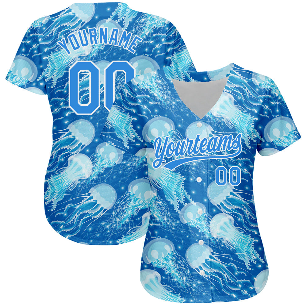 Custom Electric Blue White 3D Pattern Design Jellyfish Authentic Baseball Jersey view 2