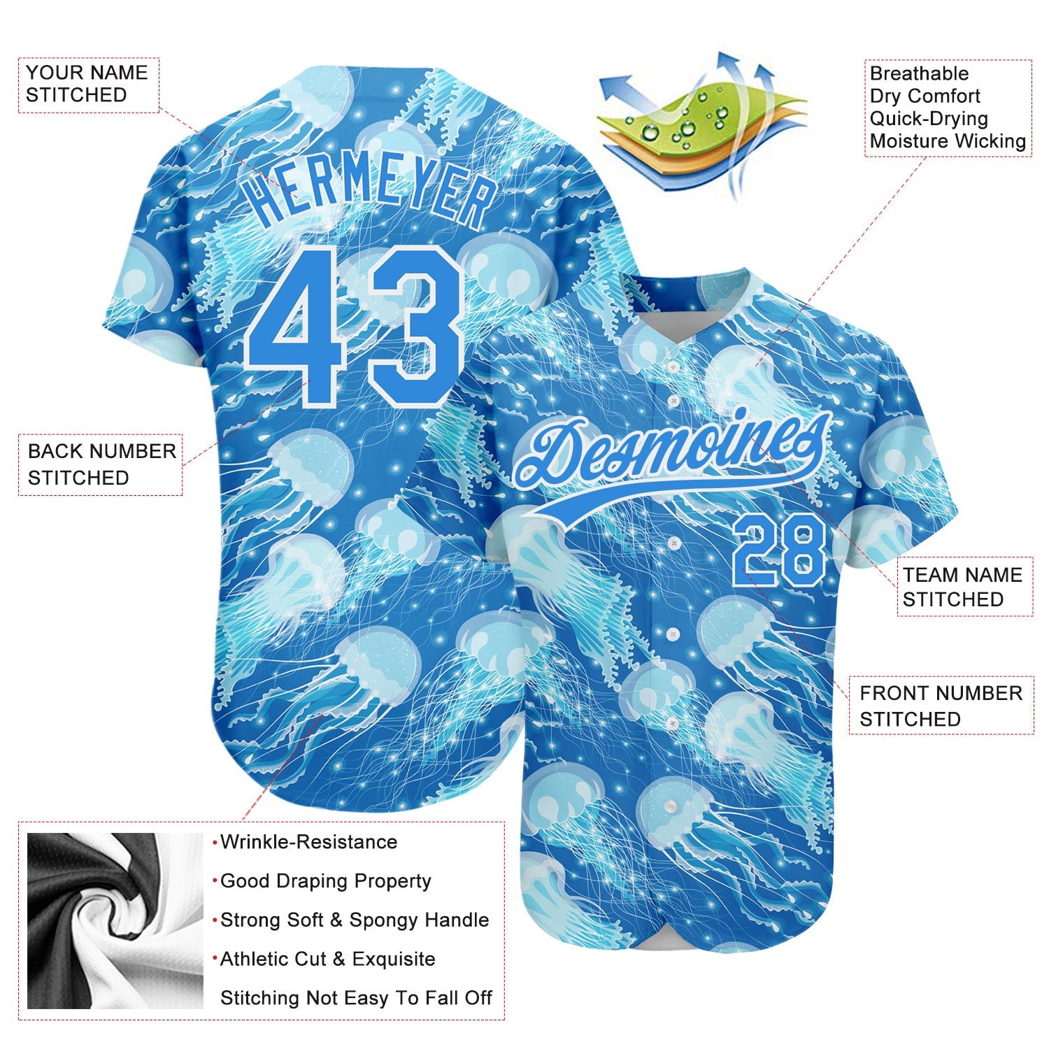 Custom Electric Blue White 3D Pattern Design Jellyfish Authentic Baseball Jersey view 3