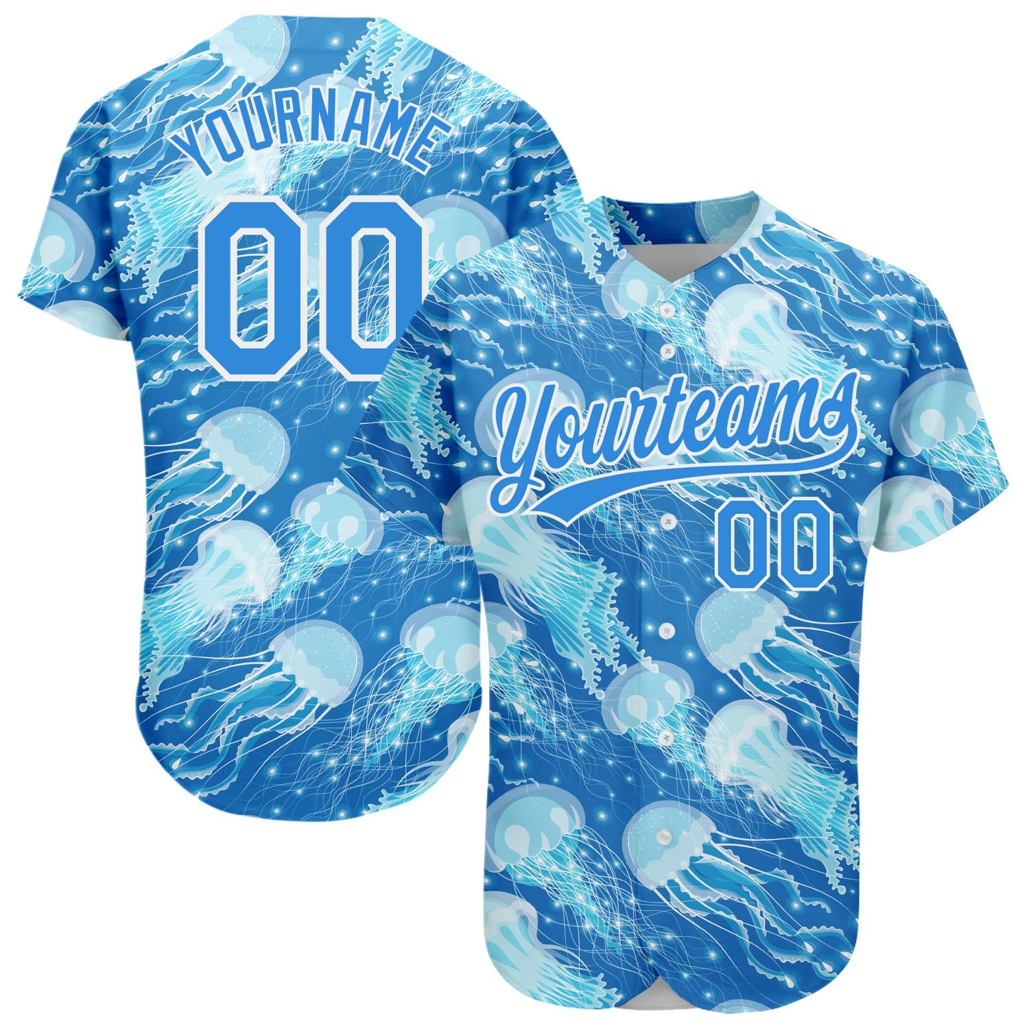 Custom Electric Blue White 3D Pattern Design Jellyfish Authentic Baseball Jersey - Main View