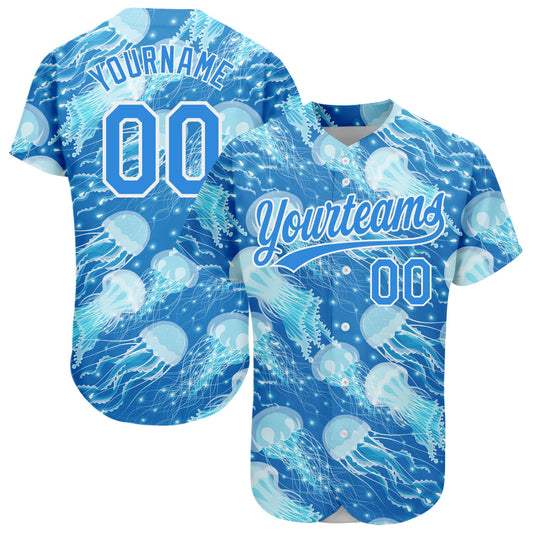 Custom Electric Blue White 3D Pattern Design Jellyfish Authentic Baseball Jersey - Main View