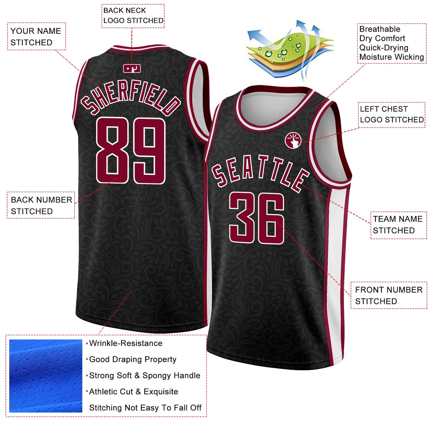 Custom Black Maroon-White Flower Authentic City Edition Basketball Jersey view 2