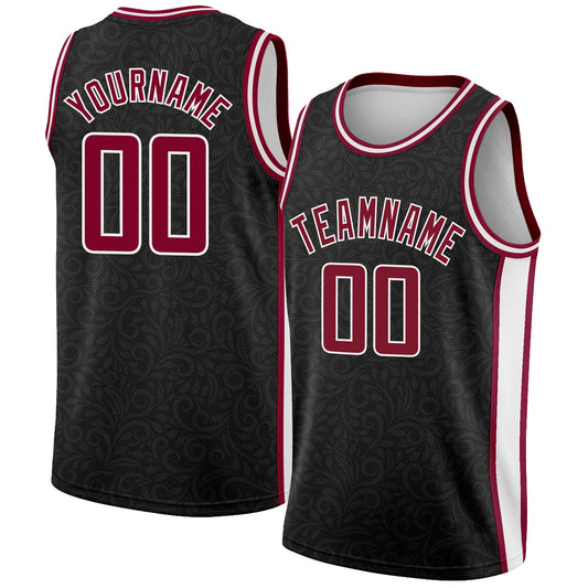 Custom Black Maroon-White Flower Authentic City Edition Basketball Jersey - Main View