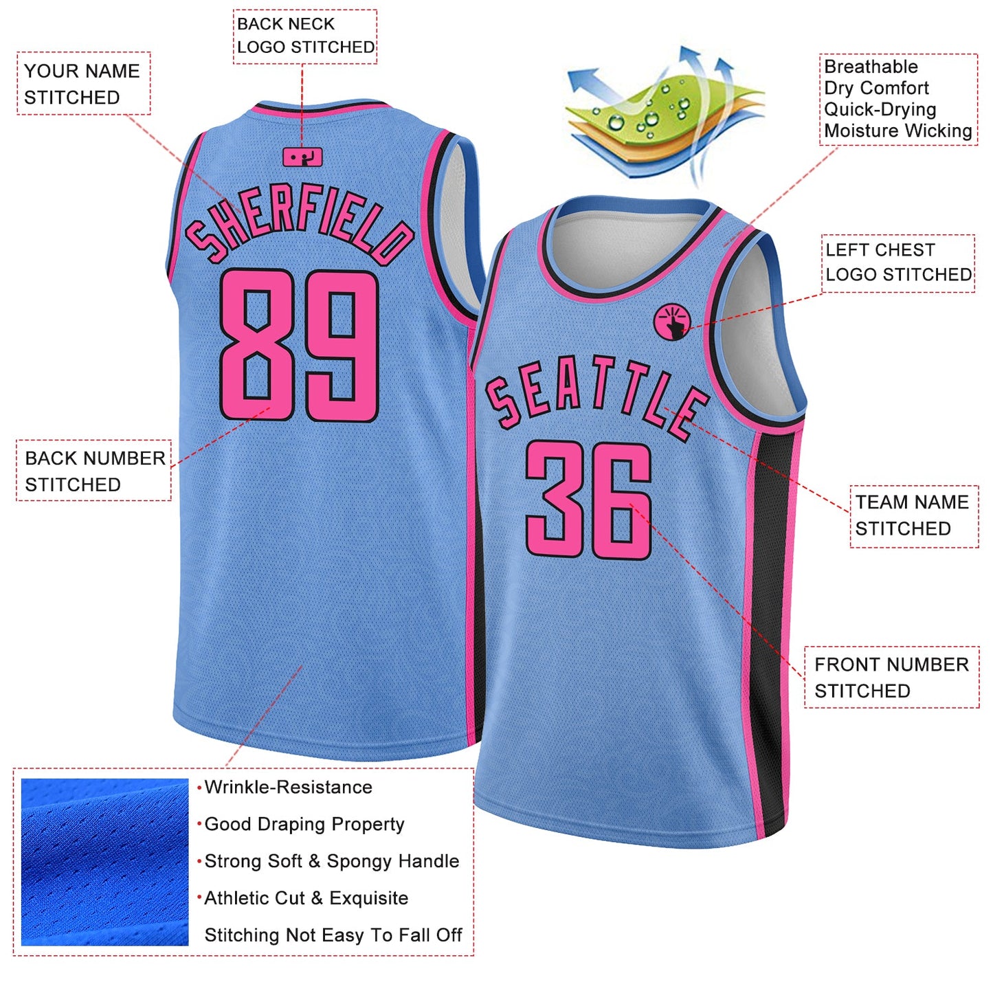 Custom Light Blue Pink-Black Flower Authentic City Edition Basketball Jersey view 2