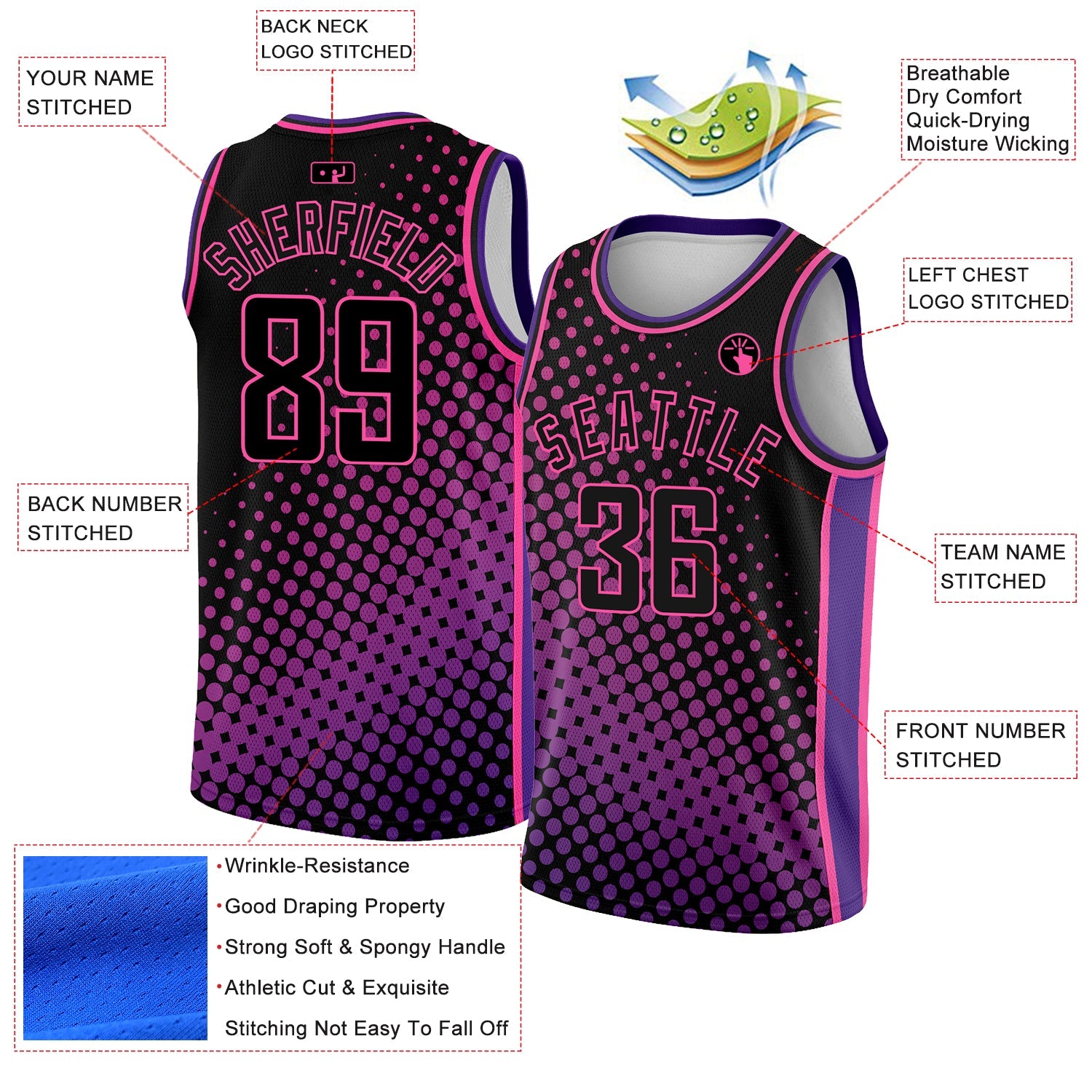 Custom Black Pink-Purple Halftone Authentic City Edition Basketball Jersey view 2