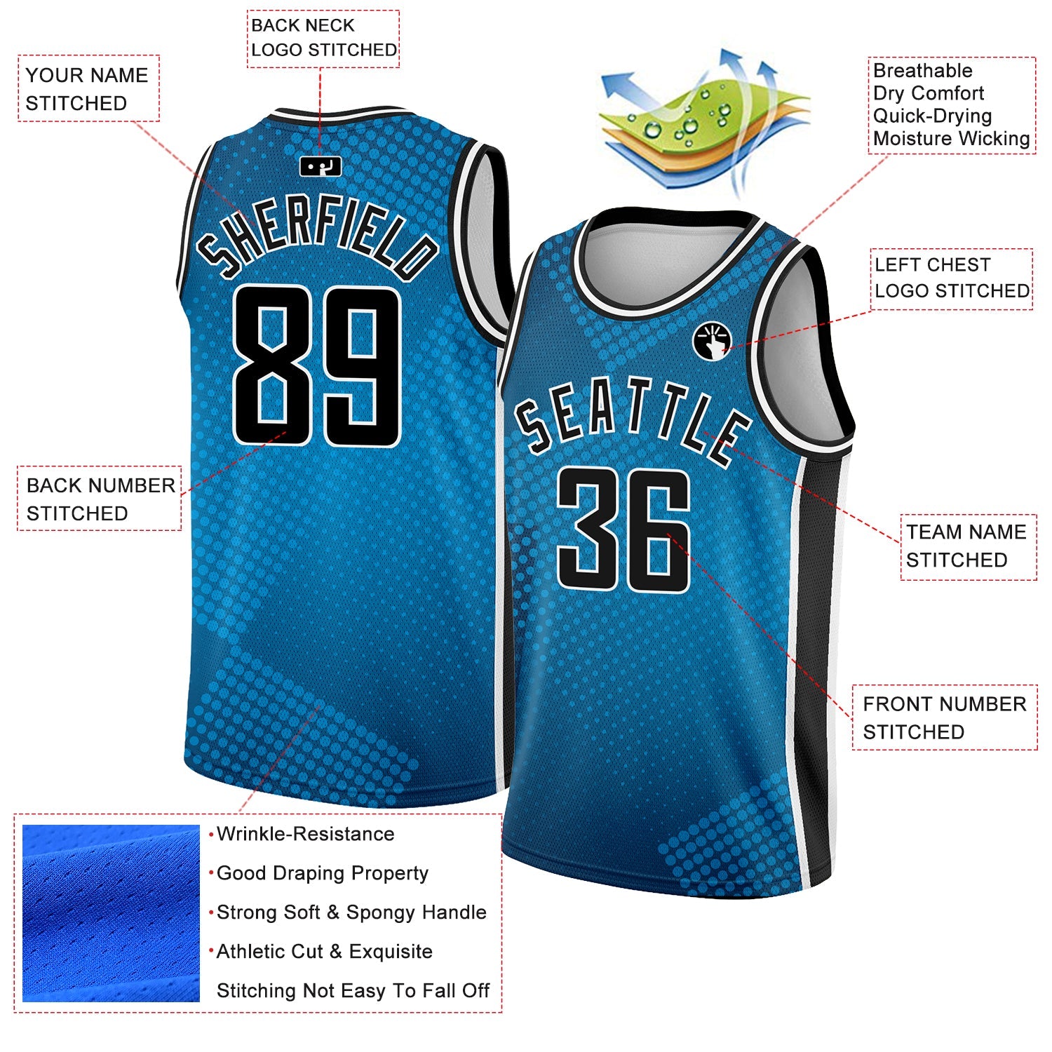 Custom Blue Black-White Halftone Authentic City Edition Basketball Jersey view 2