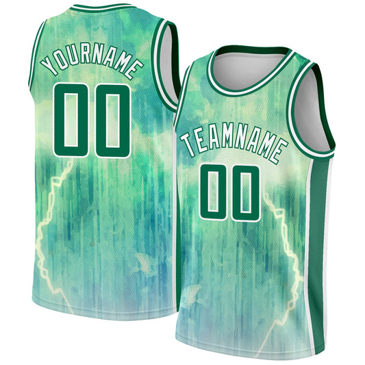 Custom Pea Green Kelly Green-White Abstract Watercolor Monsoon Authentic City Edition Basketball Jersey - Main View