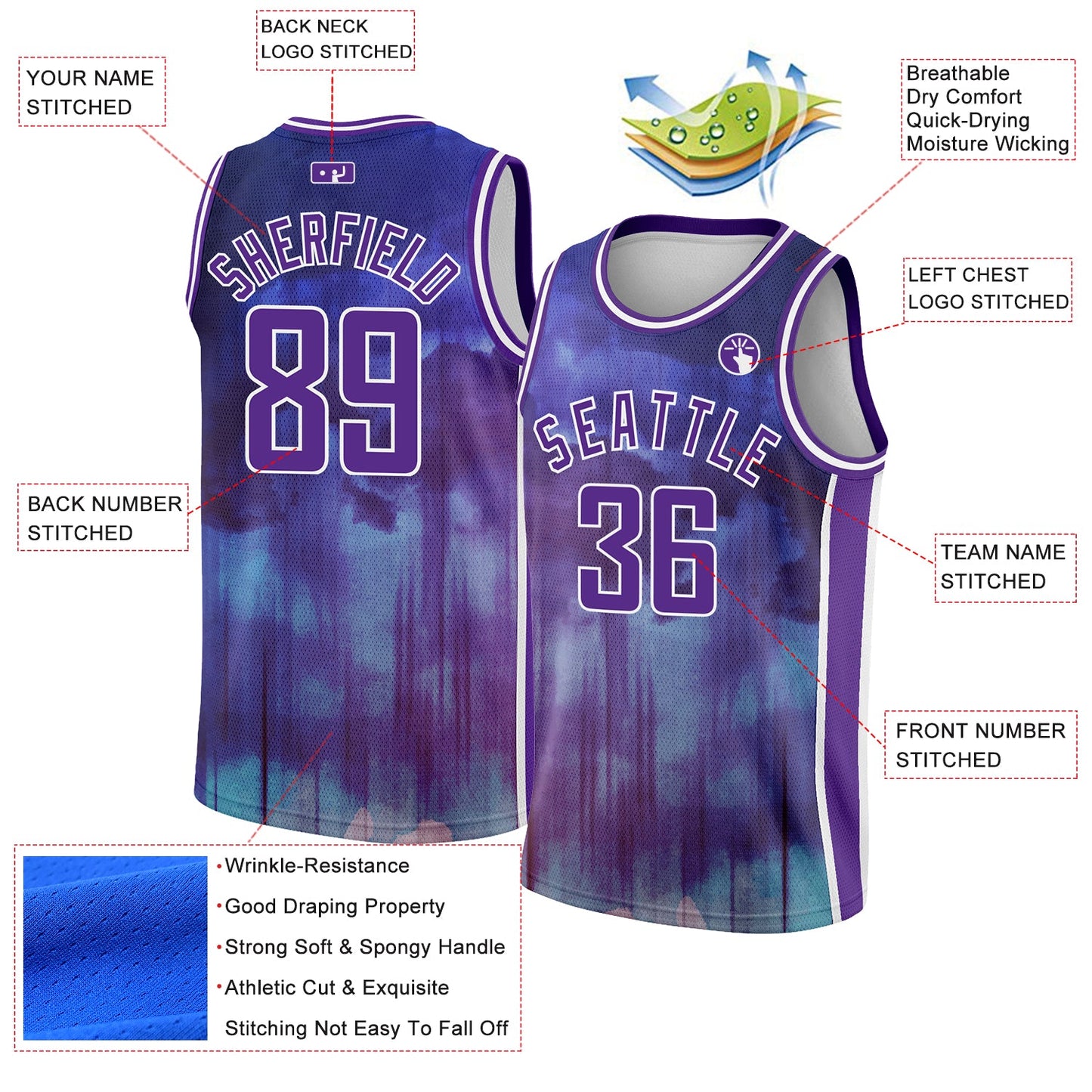 Custom Purple White Abstract Watercolor Monsoon Authentic City Edition Basketball Jersey view 2