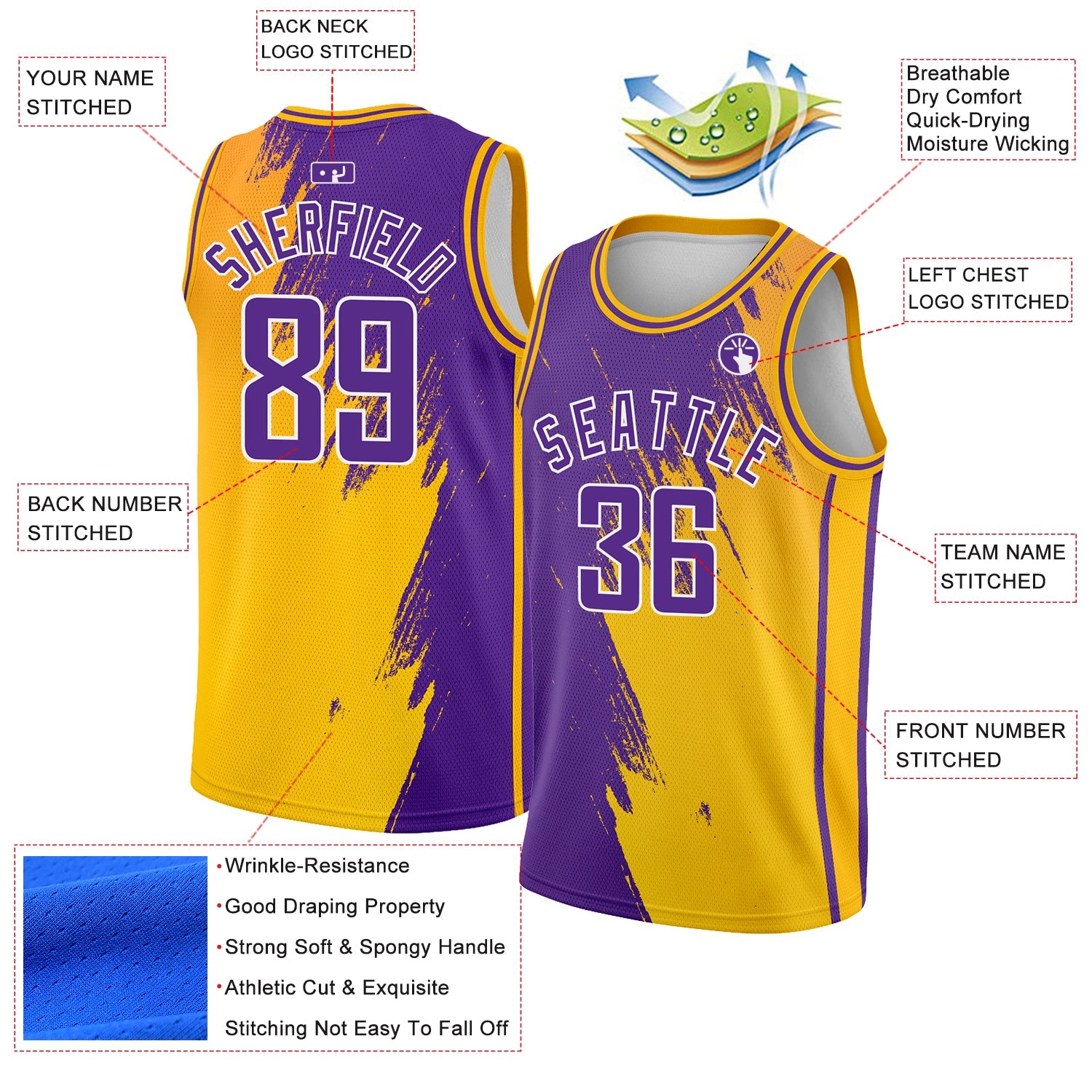Custom Gold Purple-White Abstract Brush Splash Authentic City Edition Basketball Jersey view 2