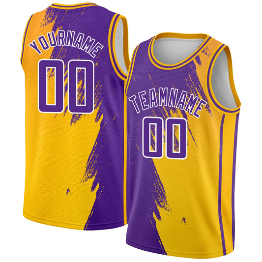 Custom Gold Purple-White Abstract Brush Splash Authentic City Edition Basketball Jersey - Main View