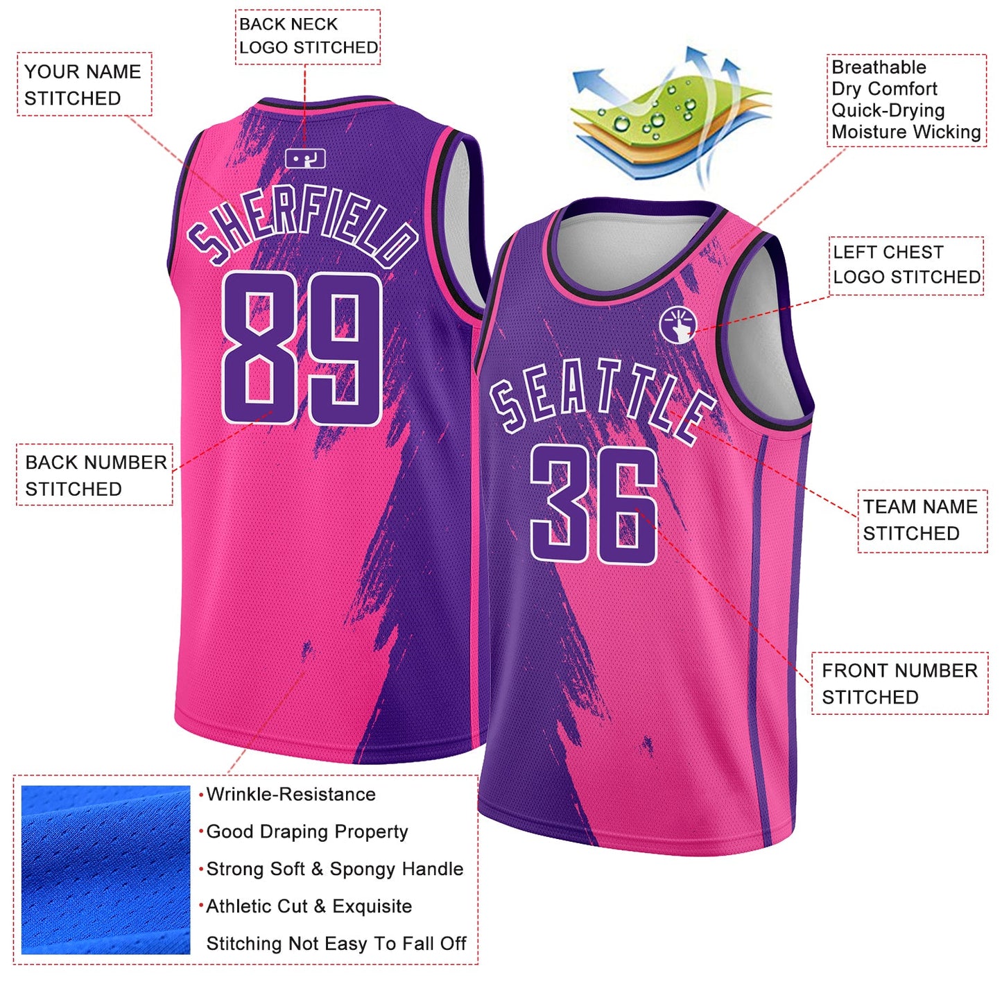 Custom Pink Purple-White Abstract Brush Splash Authentic City Edition Basketball Jersey view 2