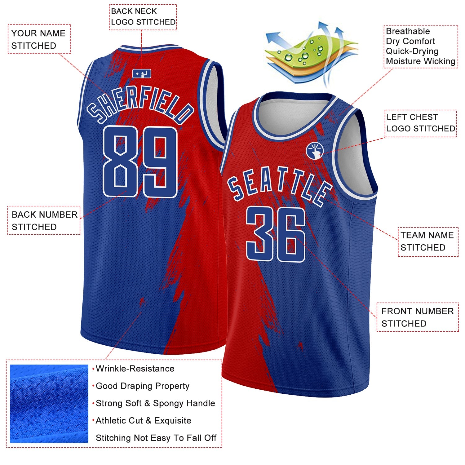 Custom Royal Red-White Abstract Brush Splash Authentic City Edition Basketball Jersey view 2