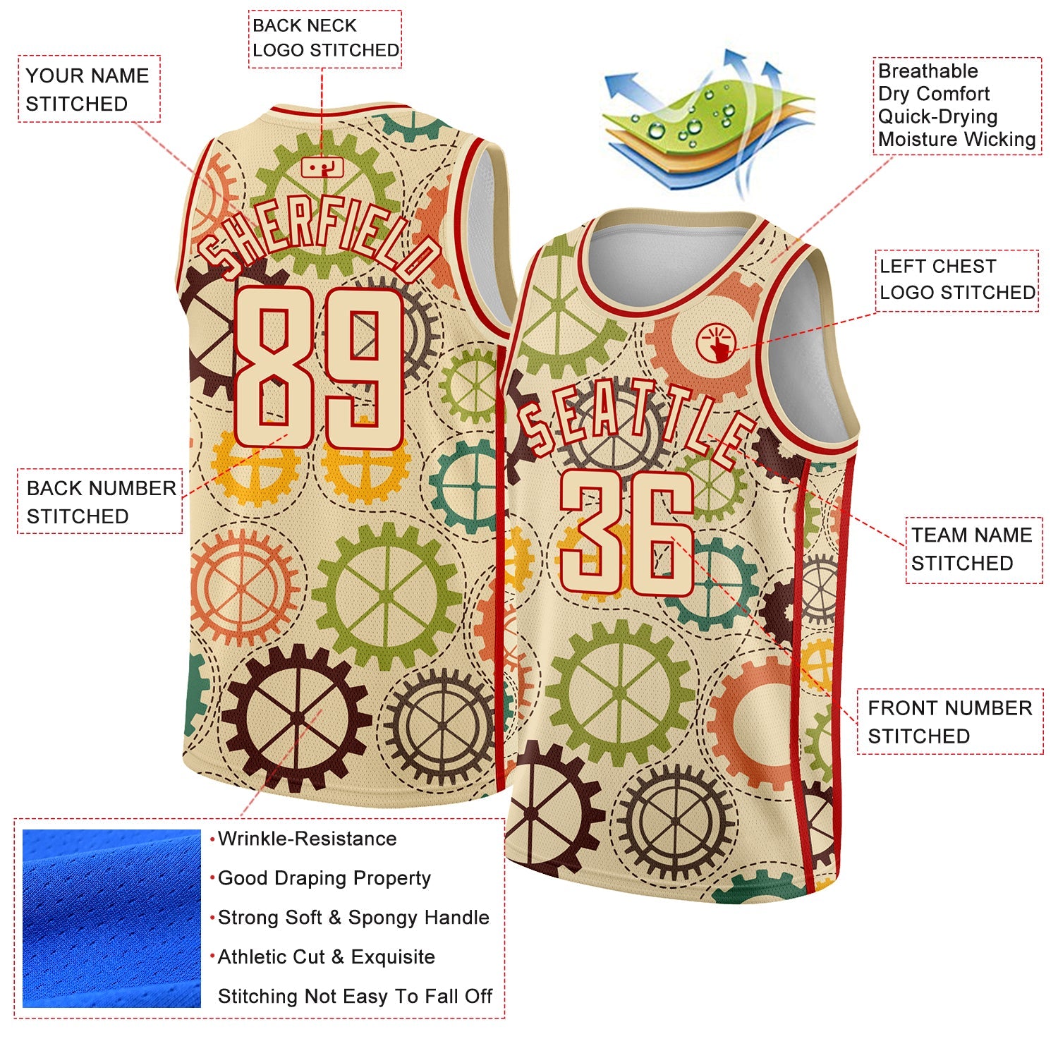 Custom Cream Red 3D Pattern Design Vintage Gears Authentic Basketball Jersey view 2