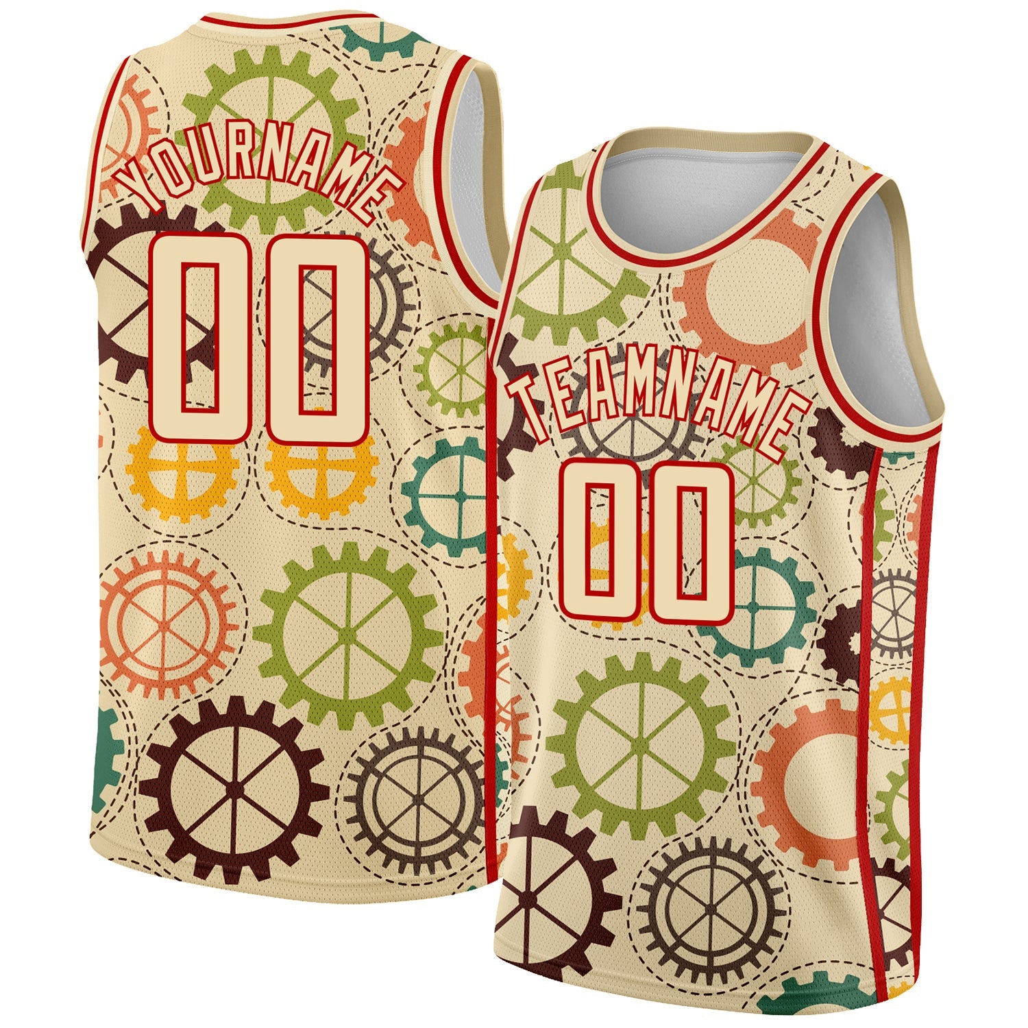 Custom Cream Red 3D Pattern Design Vintage Gears Authentic Basketball Jersey - Main View