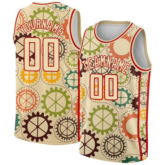 Custom Cream Red 3D Pattern Design Vintage Gears Authentic Basketball Jersey - Main View