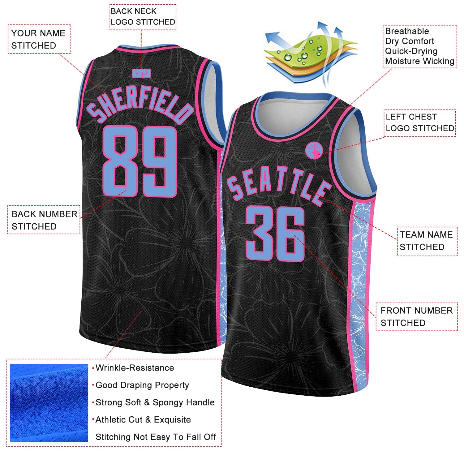 Custom Black Light Blue-Pink Flowers Authentic City Edition Basketball Jersey view 2