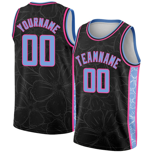Custom Black Light Blue-Pink Flowers Authentic City Edition Basketball Jersey - Main View