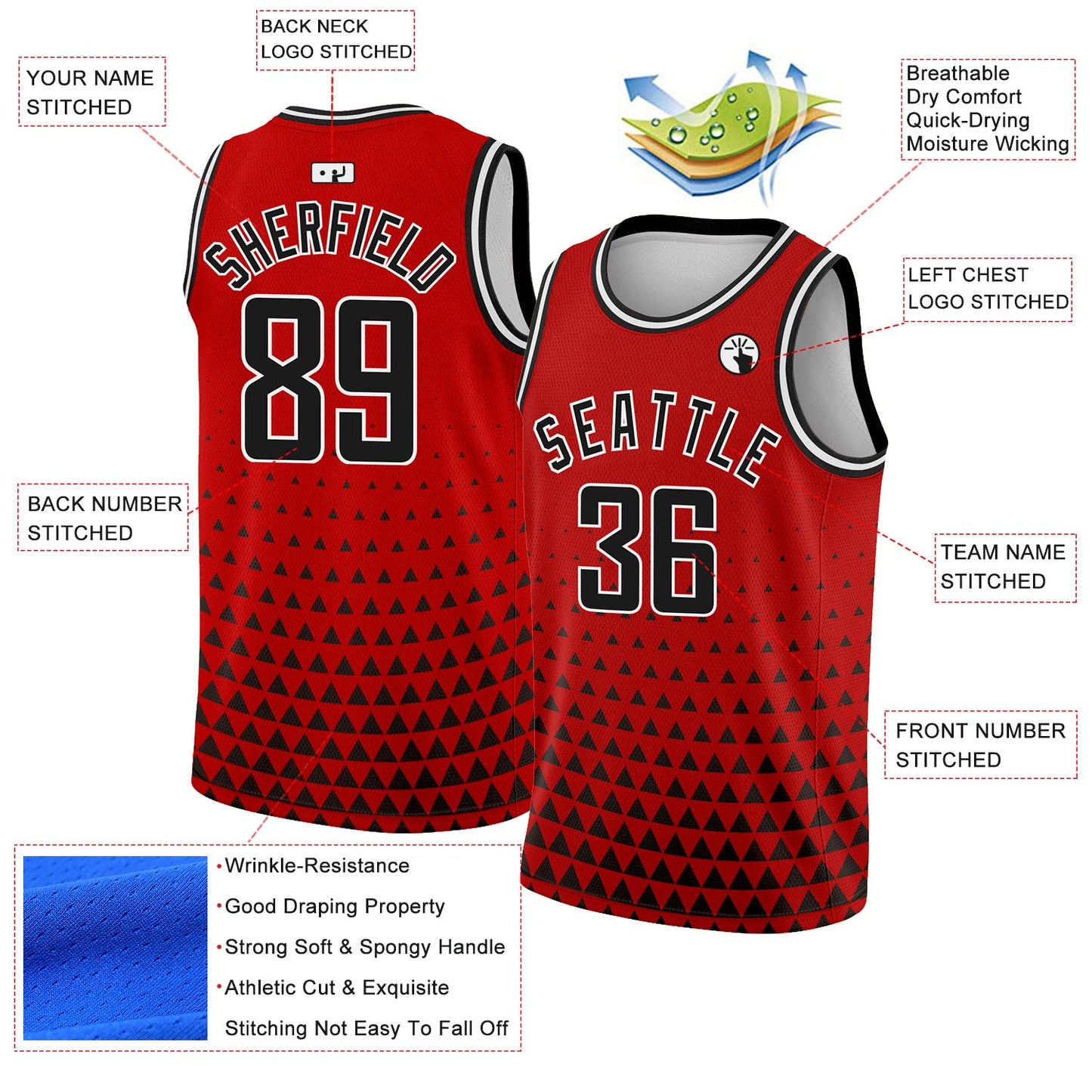 Custom Red Black-White Triangle Shapes Authentic City Edition Basketball Jersey view 2