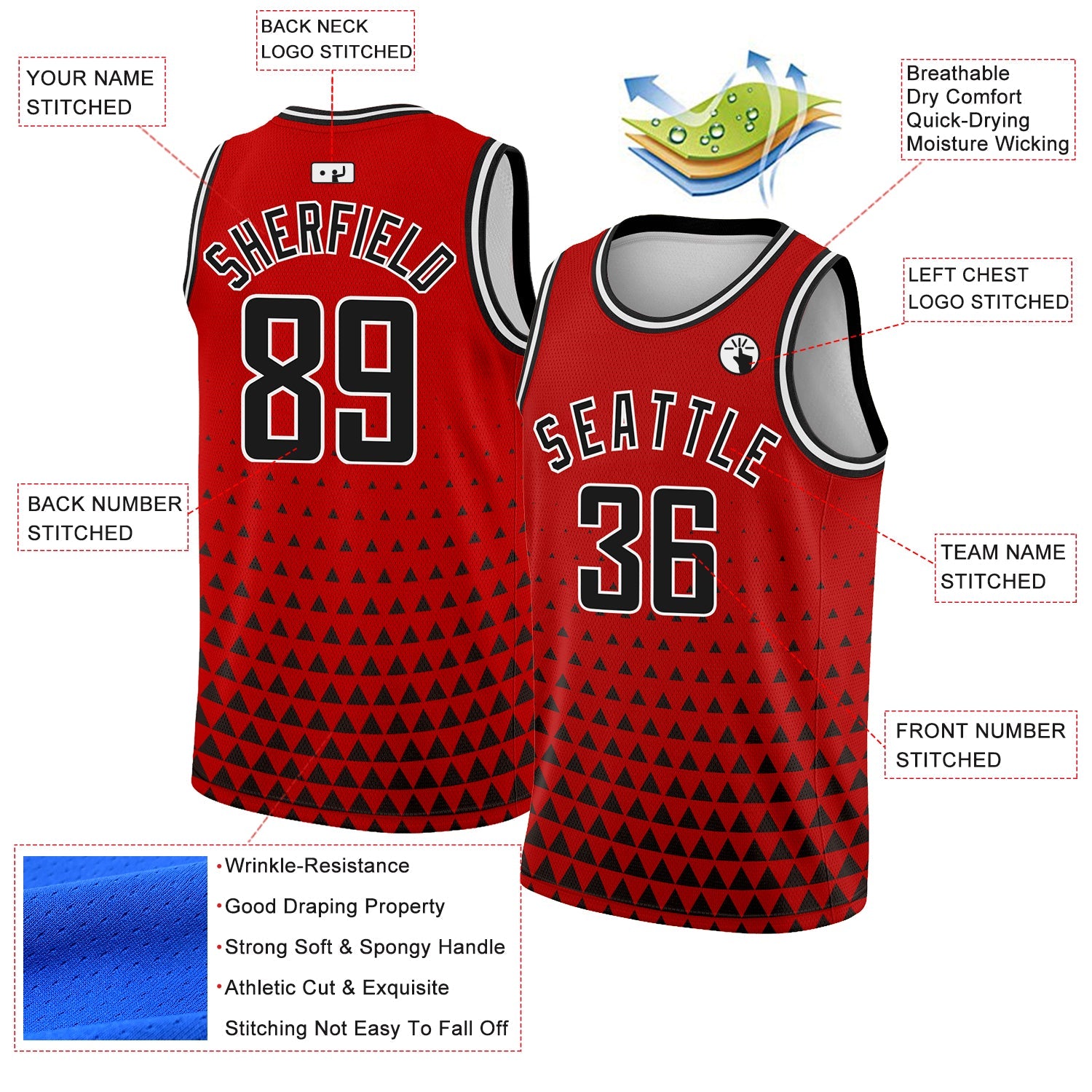 Custom Red Black-White Triangle Shapes Authentic City Edition Basketball Jersey view 2