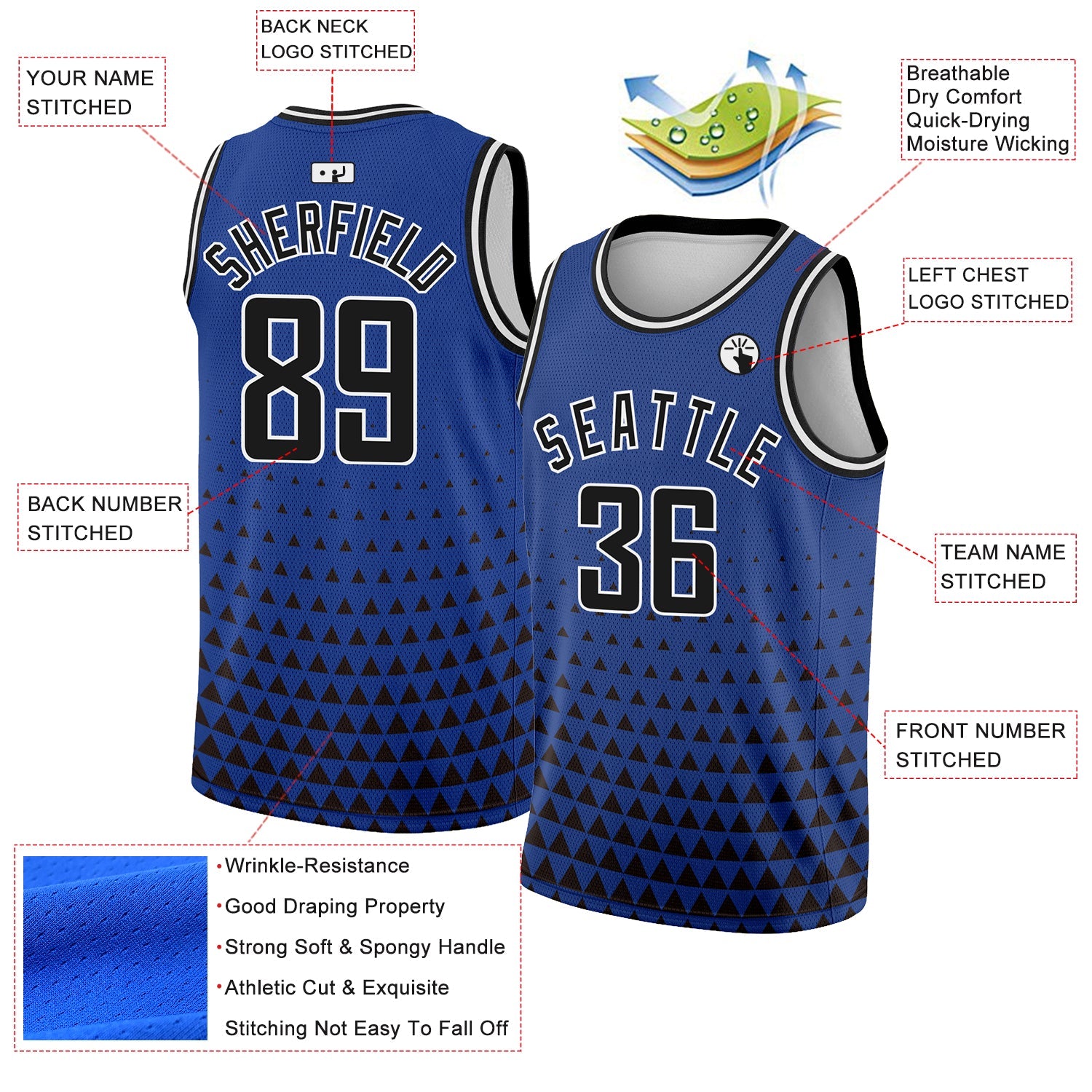 Custom Royal Black-White Triangle Shapes Authentic City Edition Basketball Jersey view 2