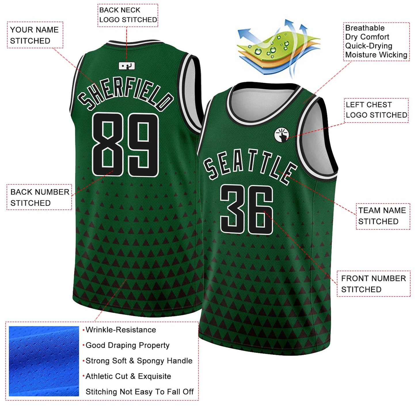 Custom Green Black-White Triangle Shapes Authentic City Edition Basketball Jersey view 2
