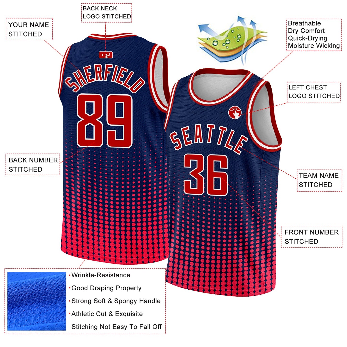 Custom Navy Red-White Halftone Authentic City Edition Basketball Jersey view 2