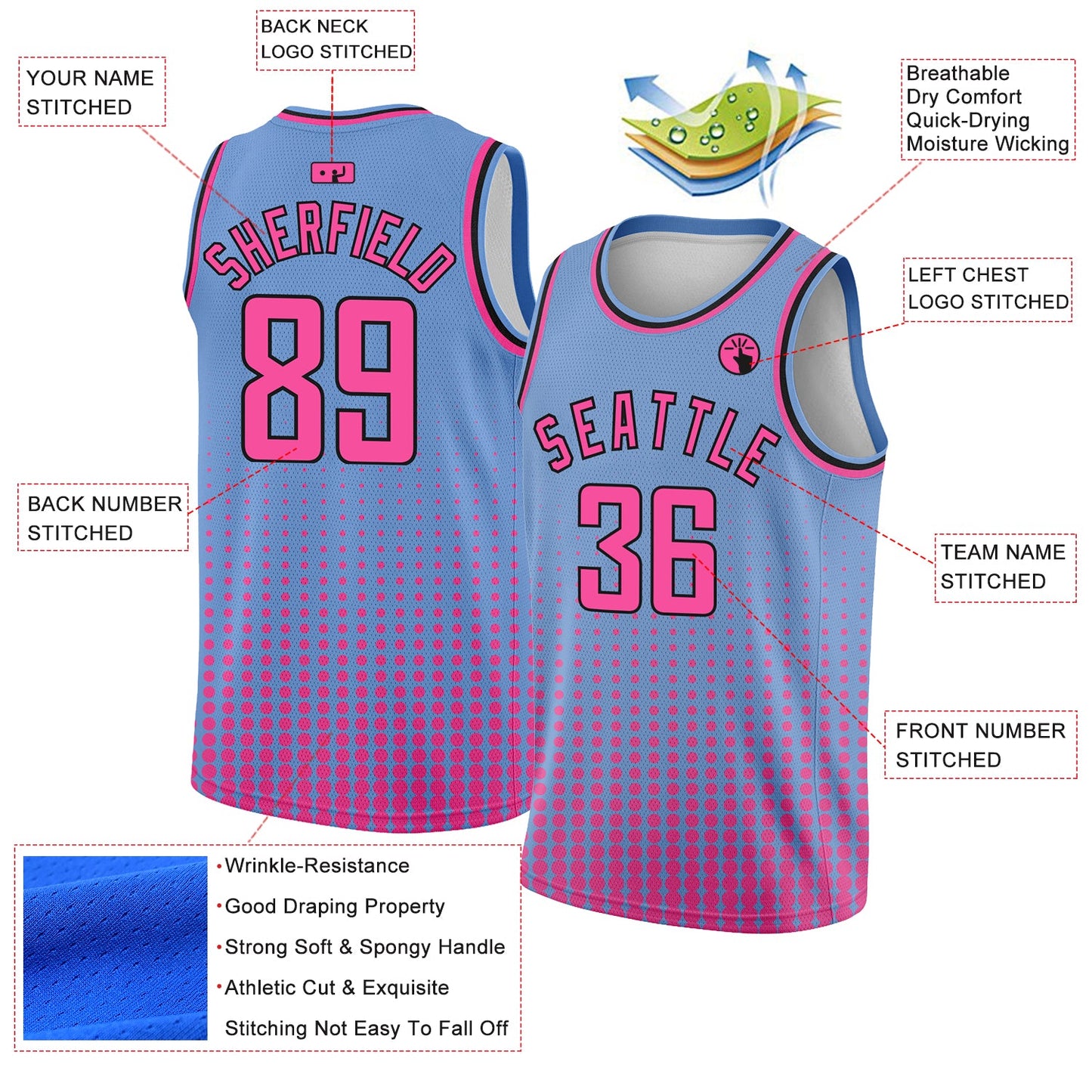Custom Light Blue Pink-Black Halftone Authentic City Edition Basketball Jersey view 2