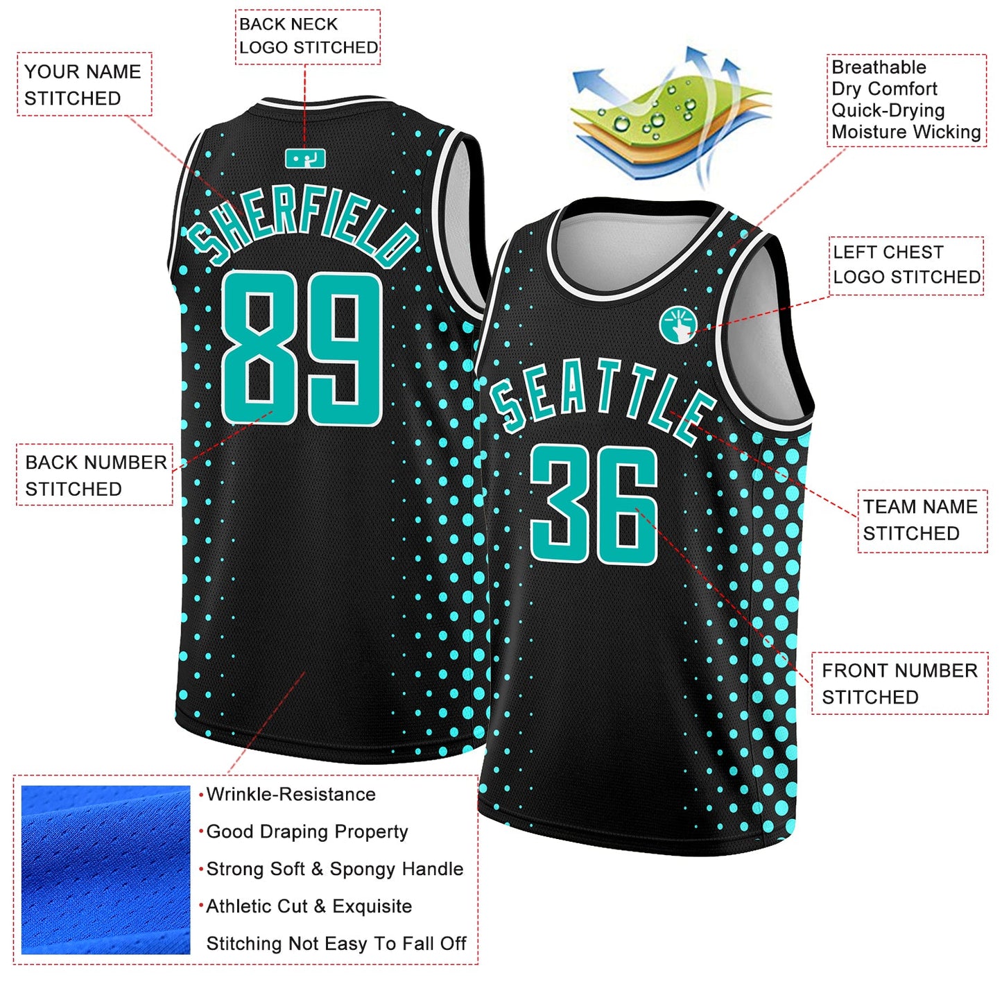 Custom Black Aqua-White Halftone Authentic City Edition Basketball Jersey view 2