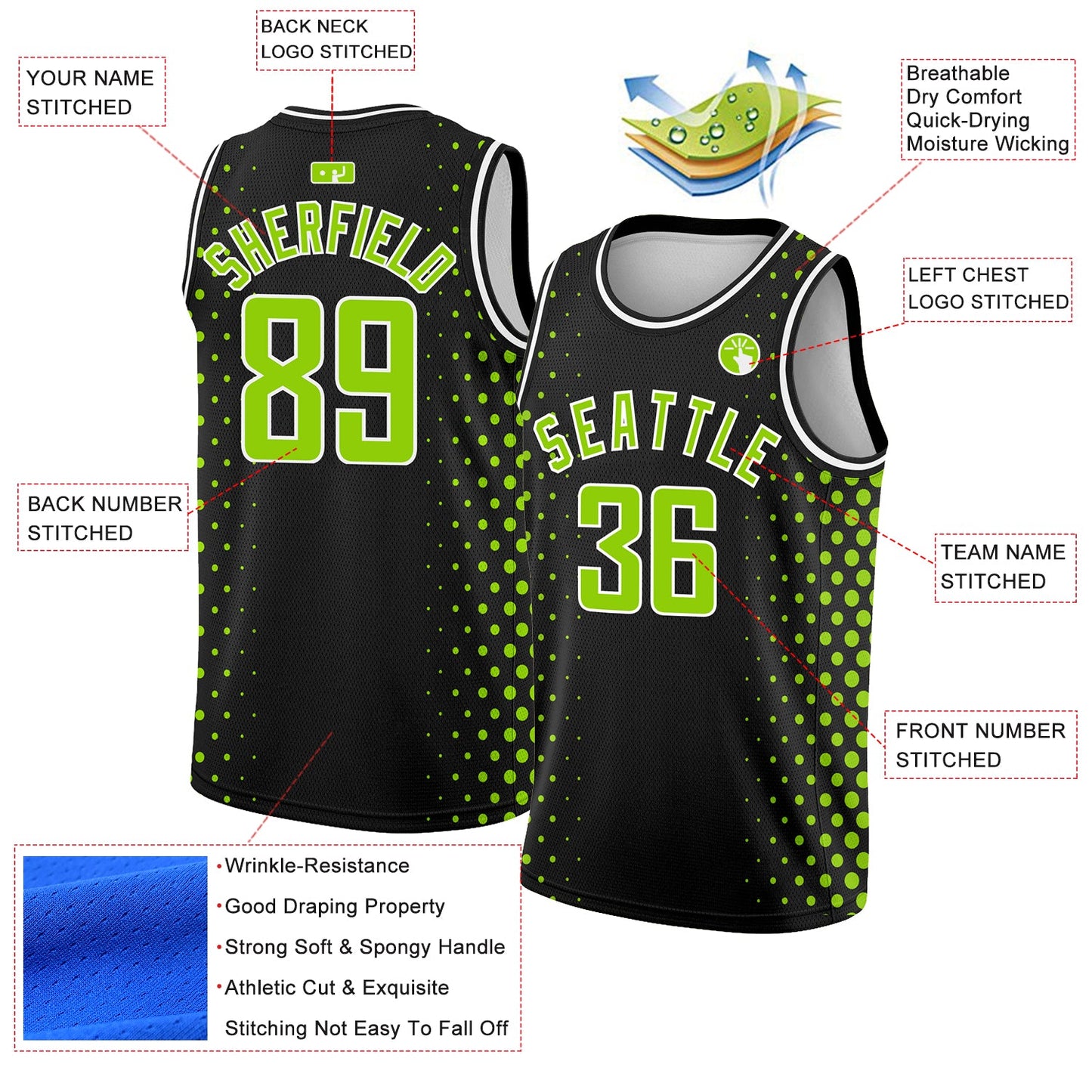Custom Black Neon Green-White Halftone Authentic City Edition Basketball Jersey view 2