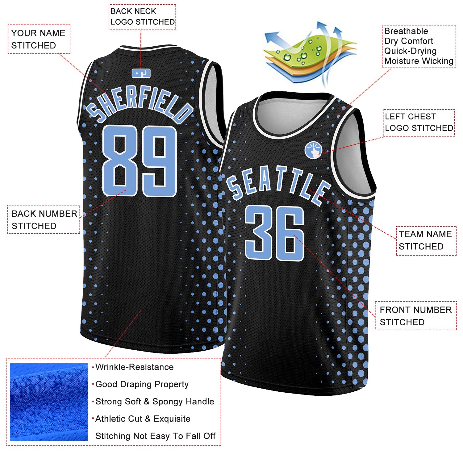 Custom Black Light Blue-White Halftone Authentic City Edition Basketball Jersey view 2