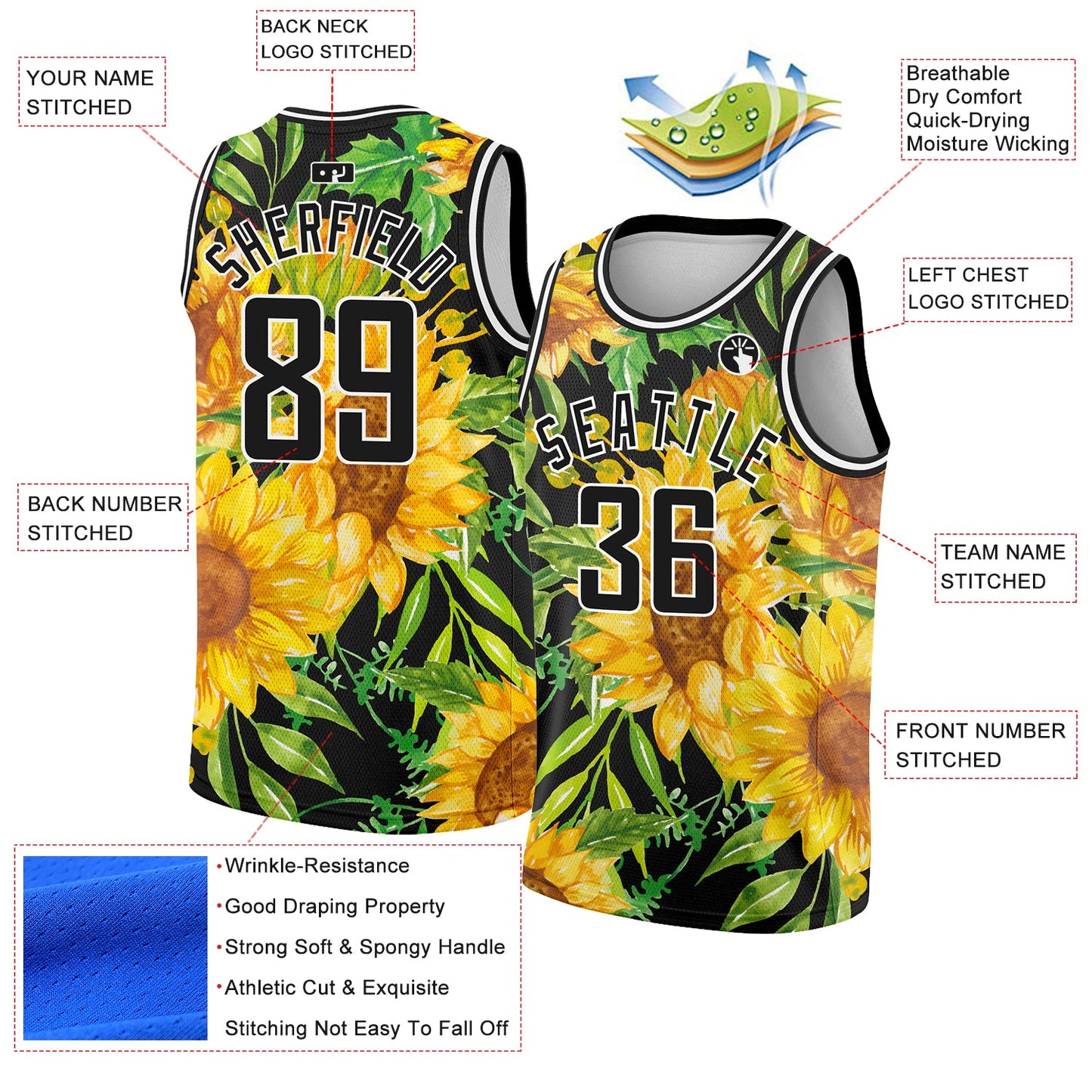 Custom Black Gold-White 3D Pattern Design Sunflowers Authentic Basketball Jersey view 2