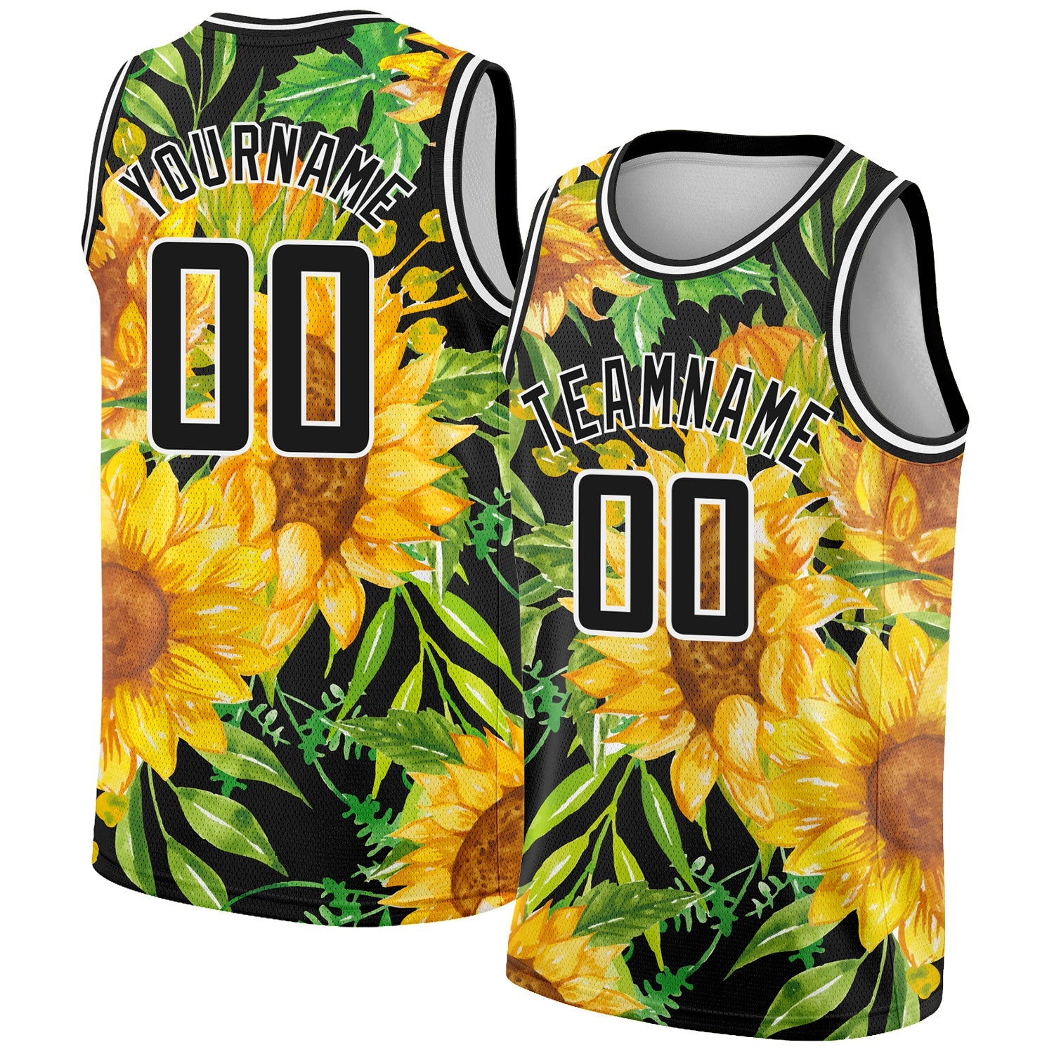 Custom Black Gold-White 3D Pattern Design Sunflowers Authentic Basketball Jersey - Main View