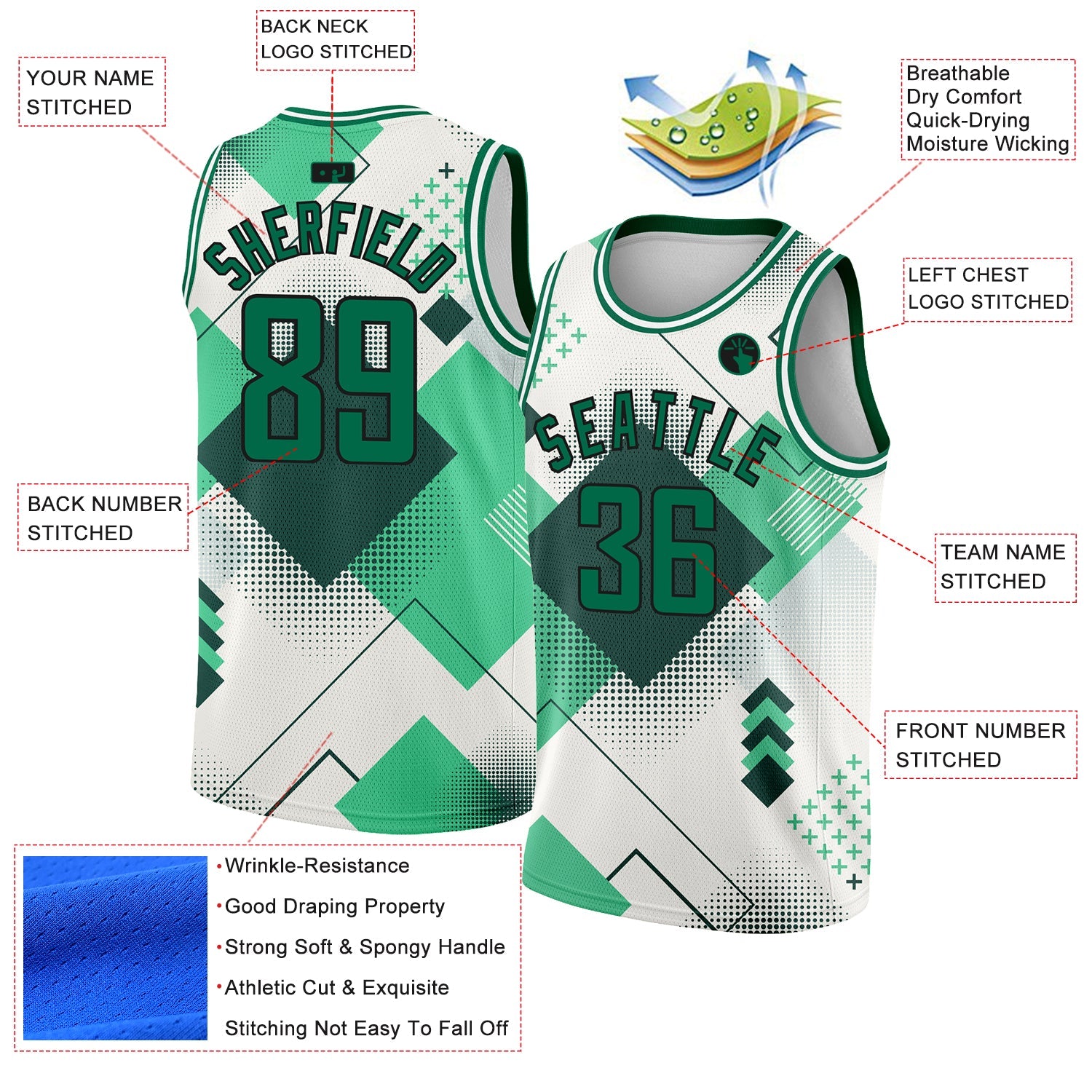 Custom White Kelly Green-Black 3D Pattern Design Geometric Shapes Authentic City Edition Basketball Jersey view 2