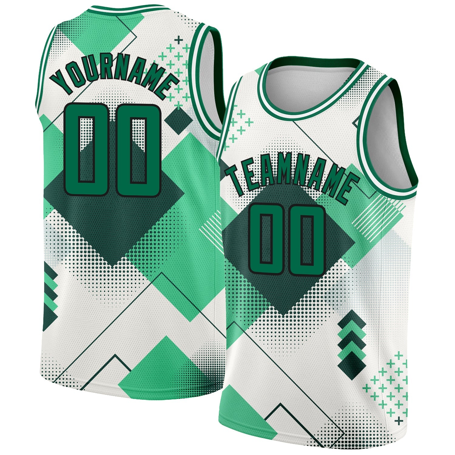 Custom White Kelly Green-Black 3D Pattern Design Geometric Shapes Authentic City Edition Basketball Jersey - Main View