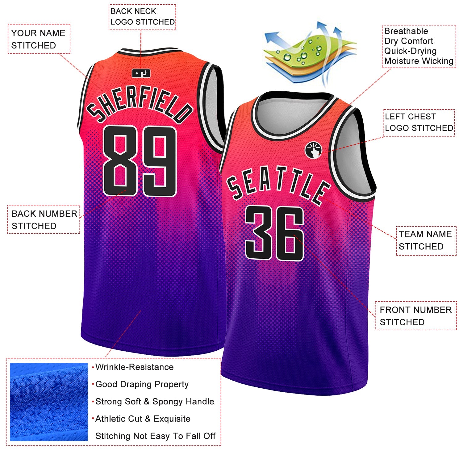 Custom Neon Pink Black-Purple 3D Pattern Design Halftone Gradient Authentic City Edition Basketball Jersey view 2