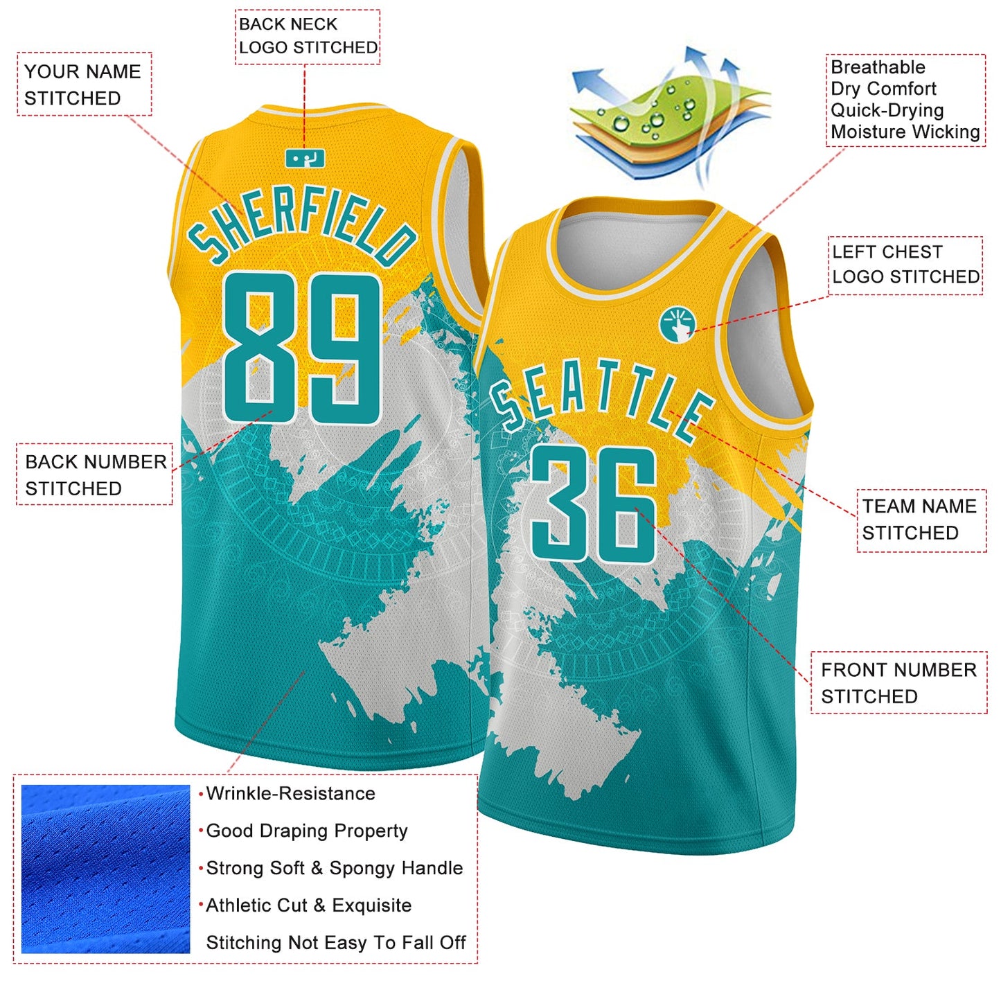 Custom Gold Aqua-White 3D Pattern Design Religion Authentic Basketball Jersey view 2
