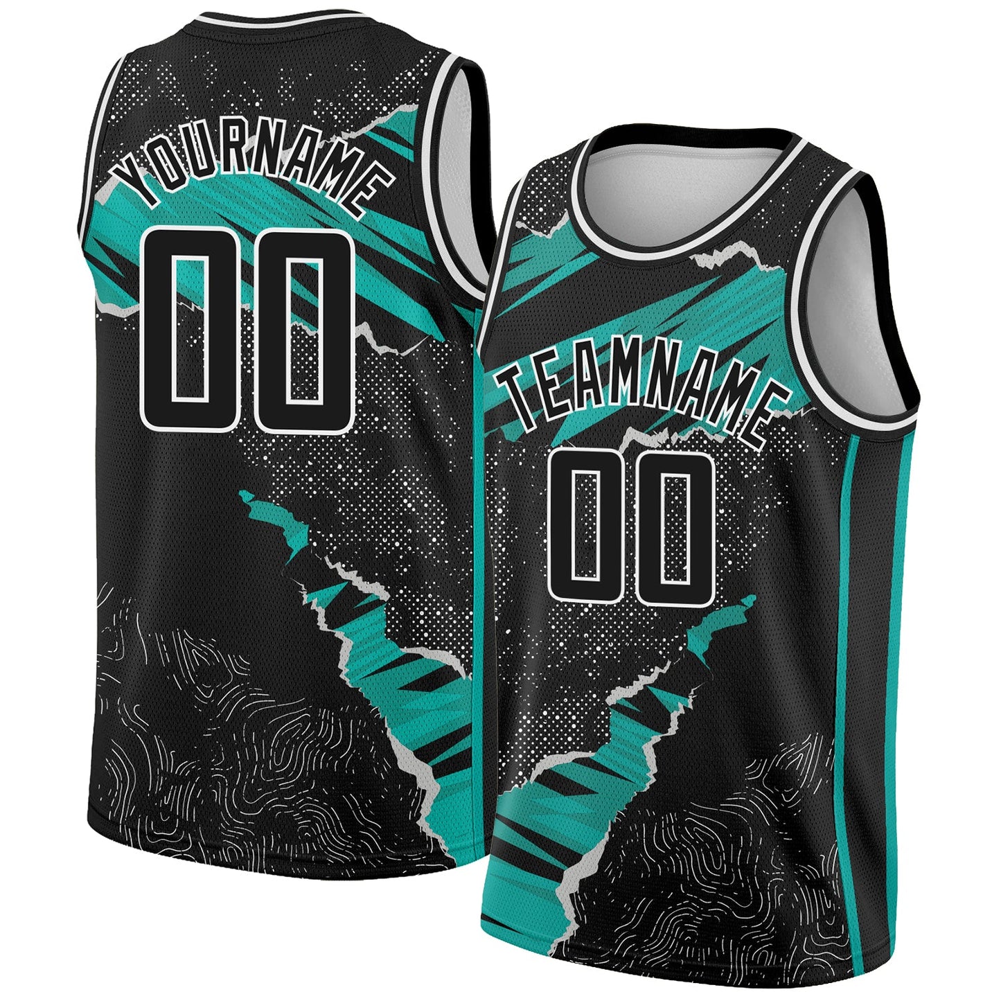 Custom Black Aqua-White 3D Pattern Design Torn Paper Style Authentic Basketball Jersey - Main View