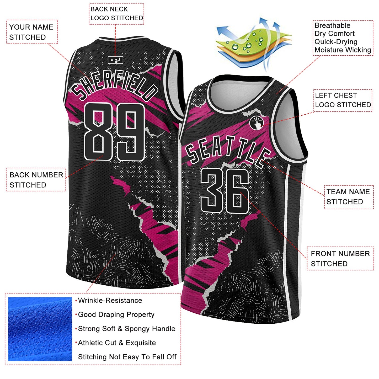 Custom Black Deep Pink-White 3D Pattern Design Torn Paper Style Authentic Basketball Jersey view 2