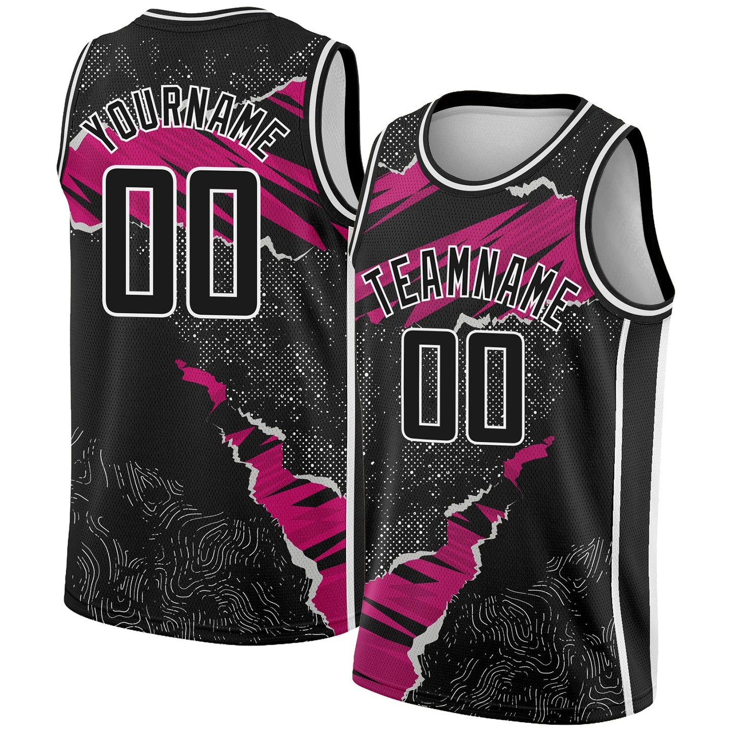 Custom Black Deep Pink-White 3D Pattern Design Torn Paper Style Authentic Basketball Jersey - Main View