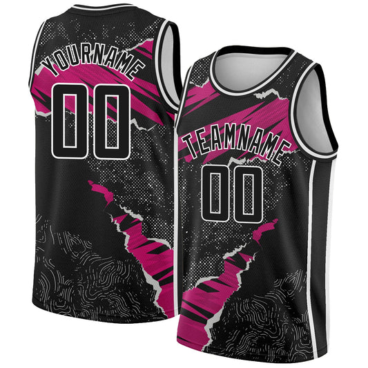 Custom Black Deep Pink-White 3D Pattern Design Torn Paper Style Authentic Basketball Jersey - Main View