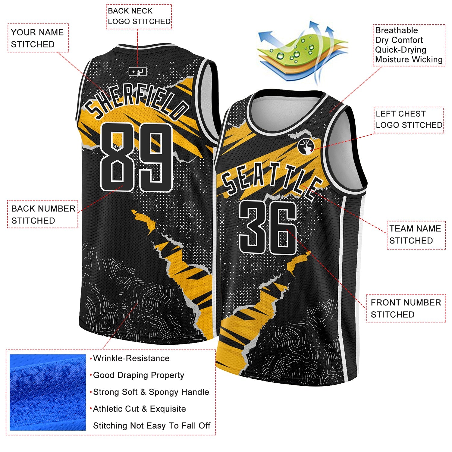 Custom Black Gold-White 3D Pattern Design Torn Paper Style Authentic Basketball Jersey view 2