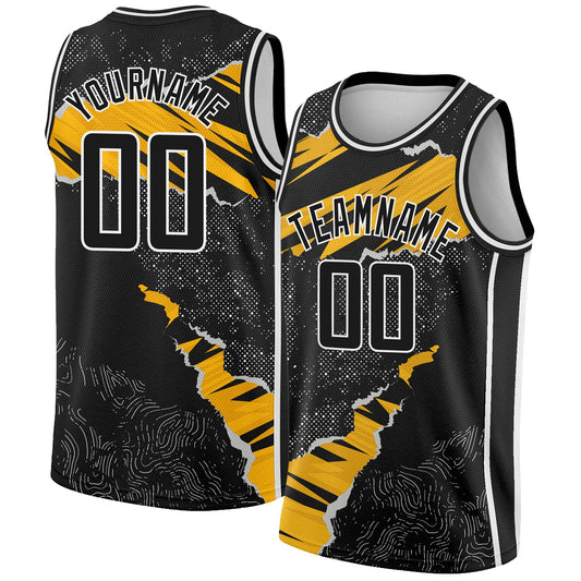 Custom Black Gold-White 3D Pattern Design Torn Paper Style Authentic Basketball Jersey - Main View