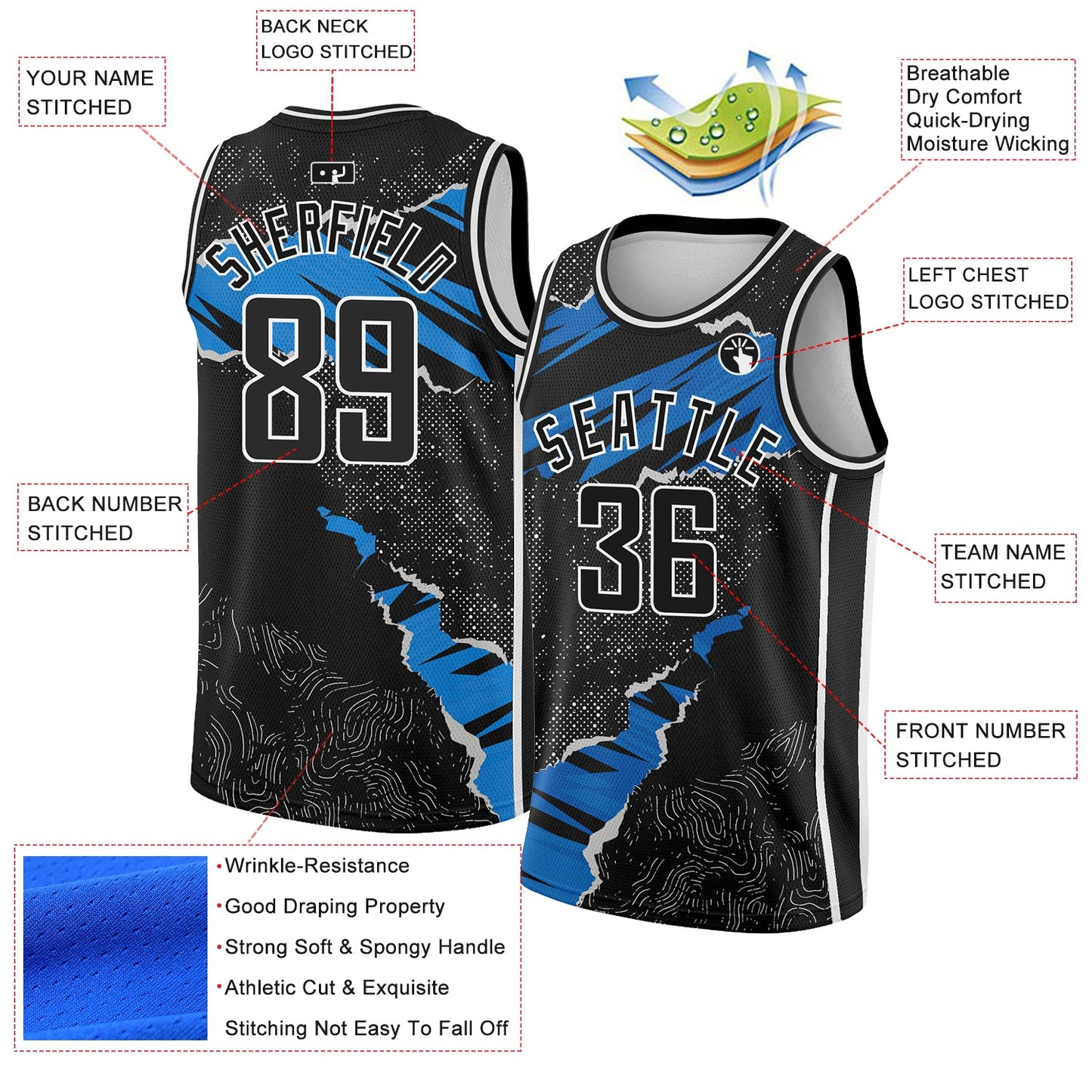Custom Black Blue-White 3D Pattern Design Torn Paper Style Authentic Basketball Jersey view 2