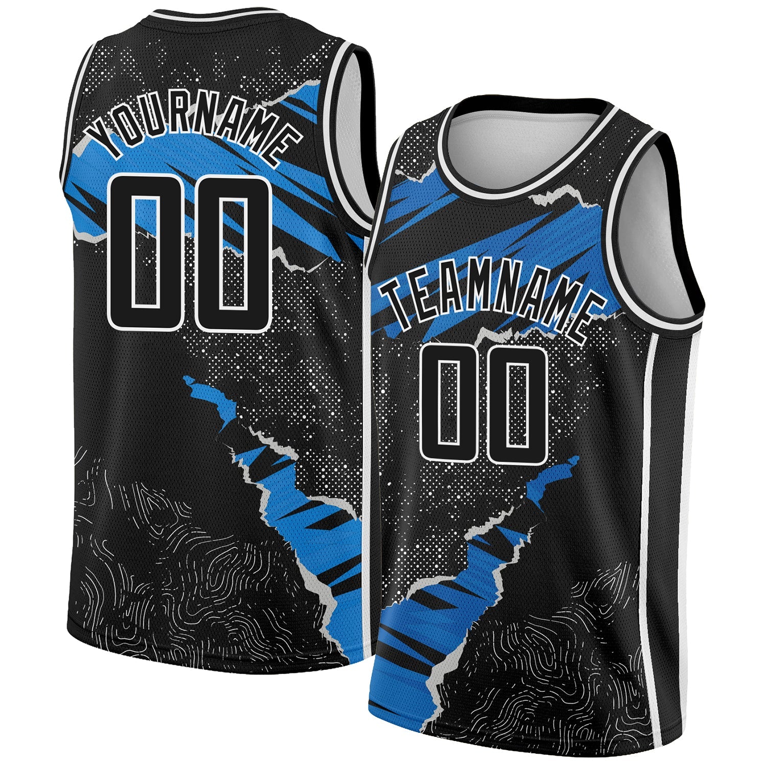 Custom Black Blue-White 3D Pattern Design Torn Paper Style Authentic Basketball Jersey - Main View