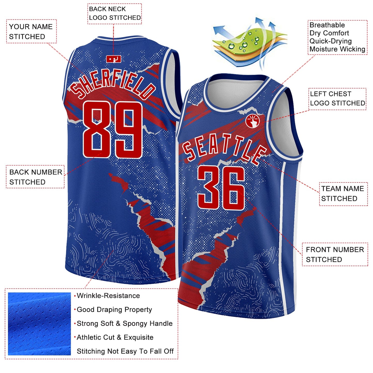 Custom Royal Red-White 3D Pattern Design Torn Paper Style Authentic Basketball Jersey view 2