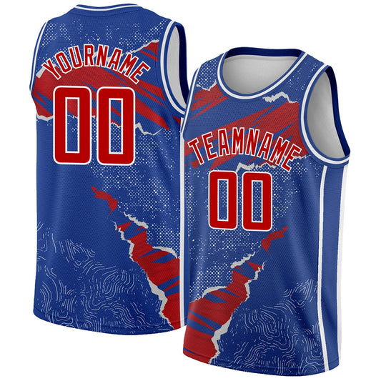 Custom Royal Red-White 3D Pattern Design Torn Paper Style Authentic Basketball Jersey - Main View